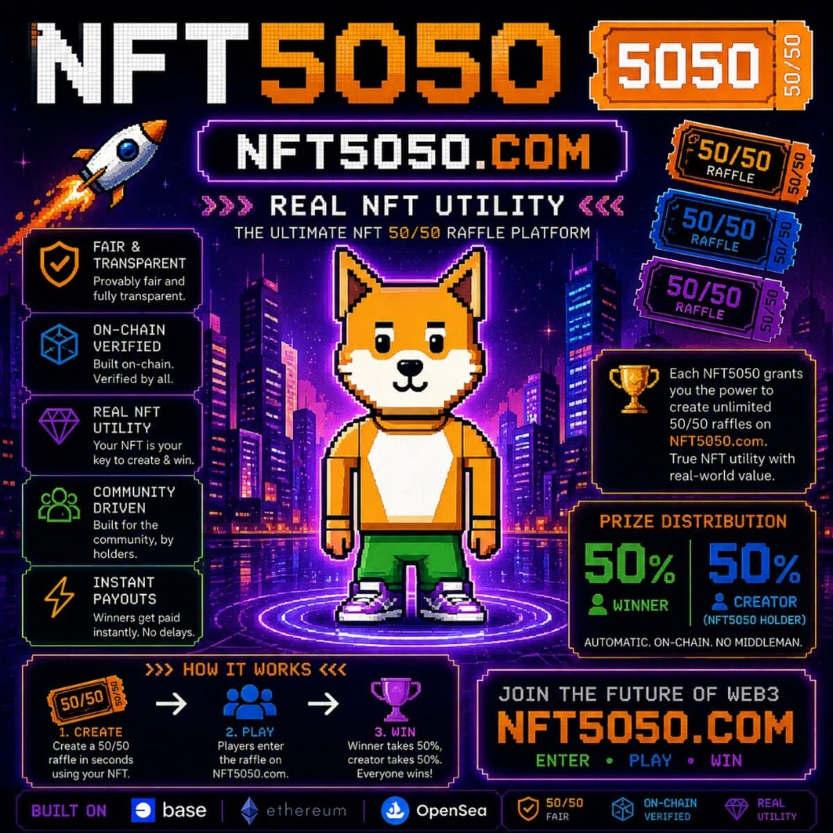ETH NFT Raffle community - Web3 50/50 raffles play win earn on Base and Ethereum